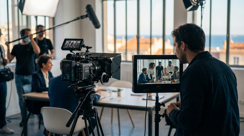 Professional film crew captures a corporate video in Marseille, focusing on a cinema camera, monitor, and crew.
