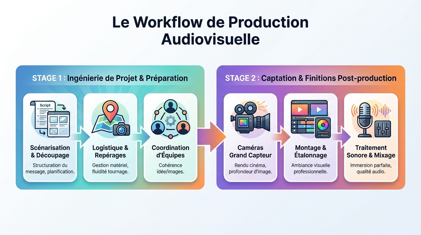 Schéma détaillé du workflow de production audiovisuelle : de la pré-production à la diffusion